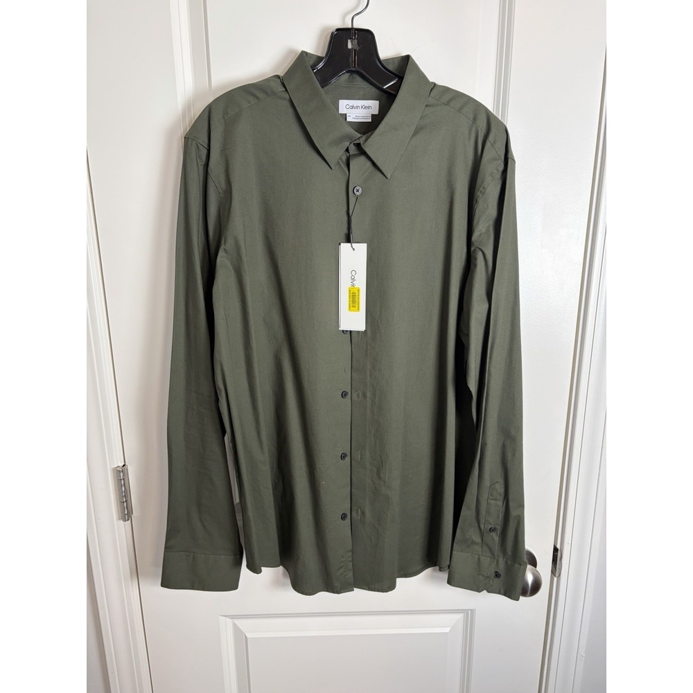 Calvin Klein Men's Button Down Dress Shirt, Green  Stretch Fit Size Large
